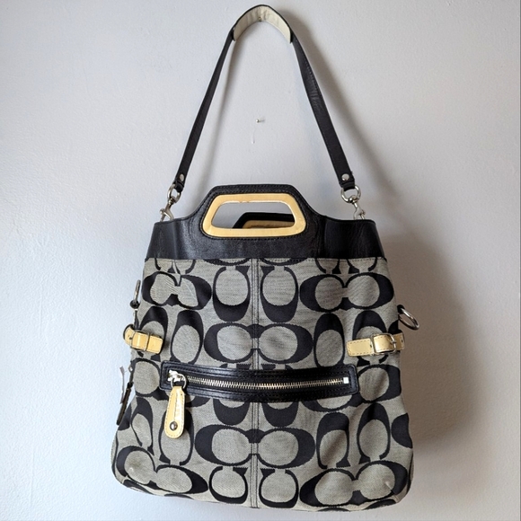 Vintage Y2K Coach Bonnie Signature Foldover Canvas Tote Bag Black & Yell… - Picture 1 of 16